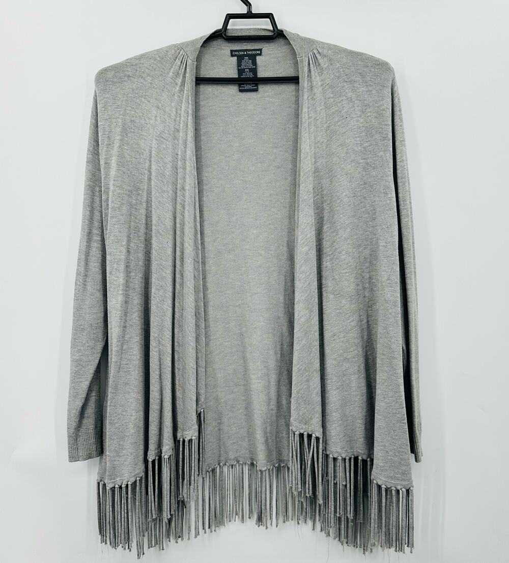 Chelsea & Theodore Gray Fringed Open Cardigan Sweater Womens XXL Boho Western